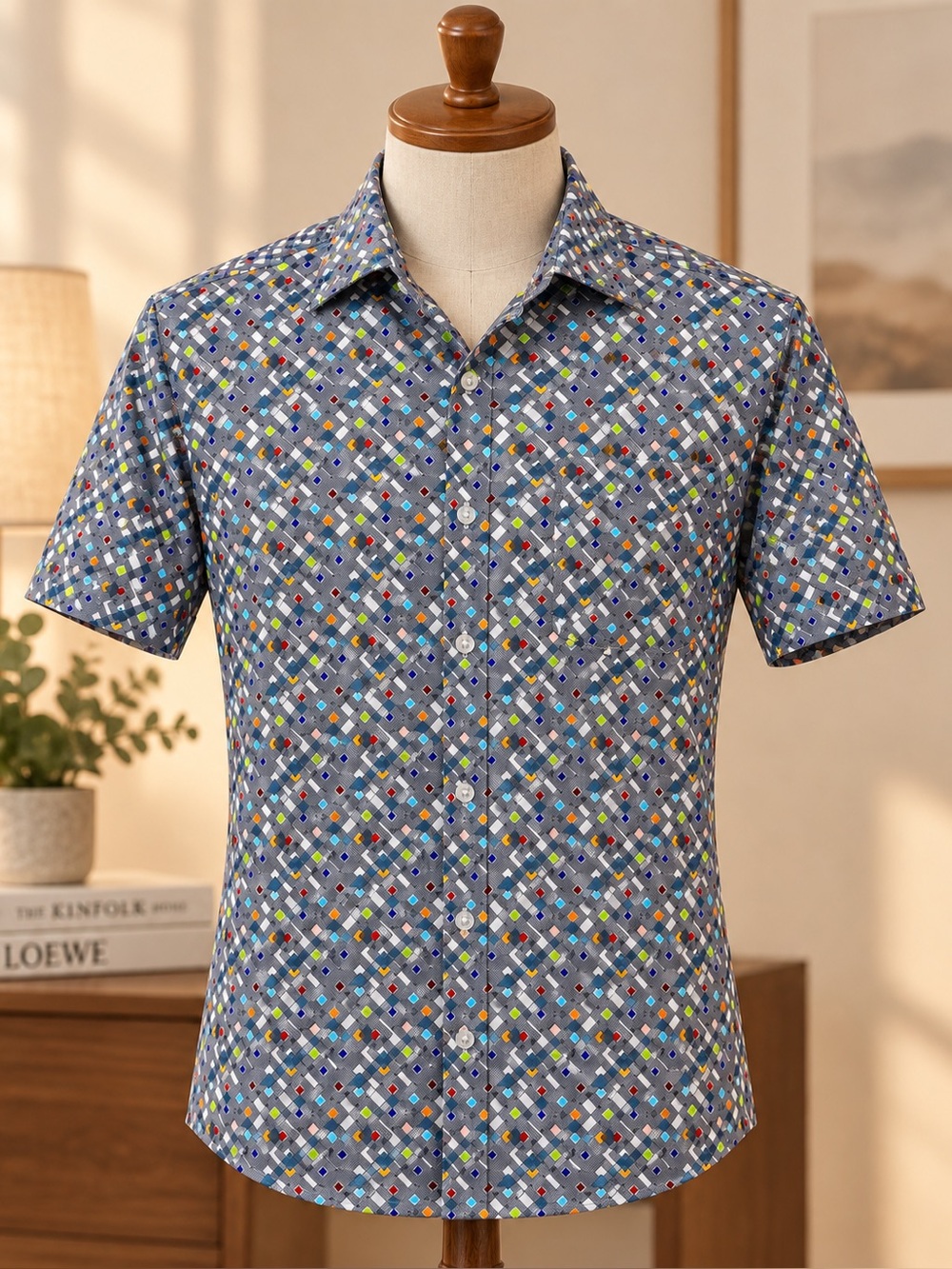 Men's Short-Sleeve Geometric Button-Up Shirt - Gray with Multicolor Dots